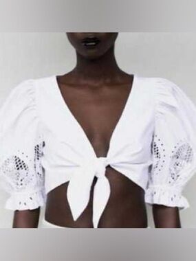 Zara White Tie-Front Eyelet Puff Sleeve Crop Top